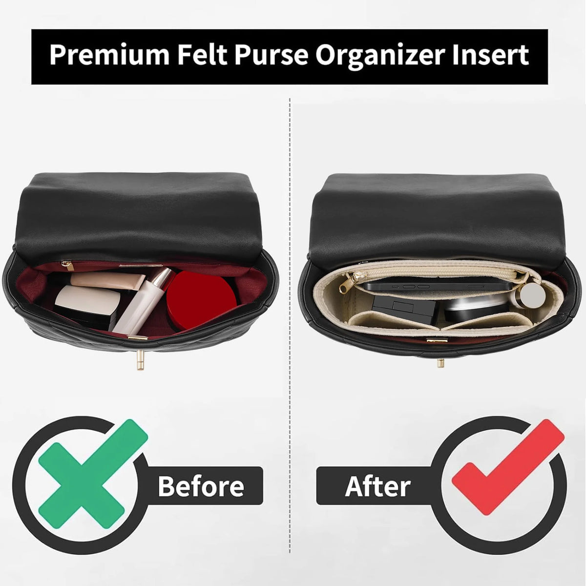 A black felt purse organizer insert showing before and after organization of a handbag.