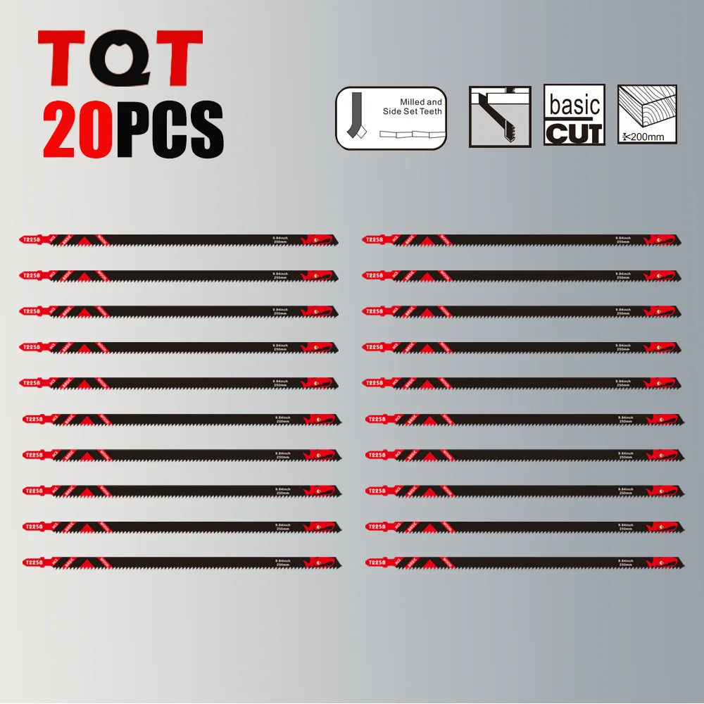 A collection of various sized jigsaw blades and cutting sets for wood, including milled and basic cut options.