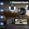 A 4-channel dash cam system showing various features like HD recording, GPS sensor, and night vision capabilities.