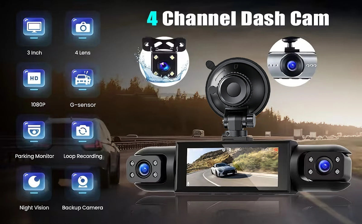 A 4-channel dash cam system showing various features like HD recording, GPS sensor, and night vision capabilities.