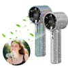 A sparkling diamond pattern portable fan with an LED glow is shown next to a woman.