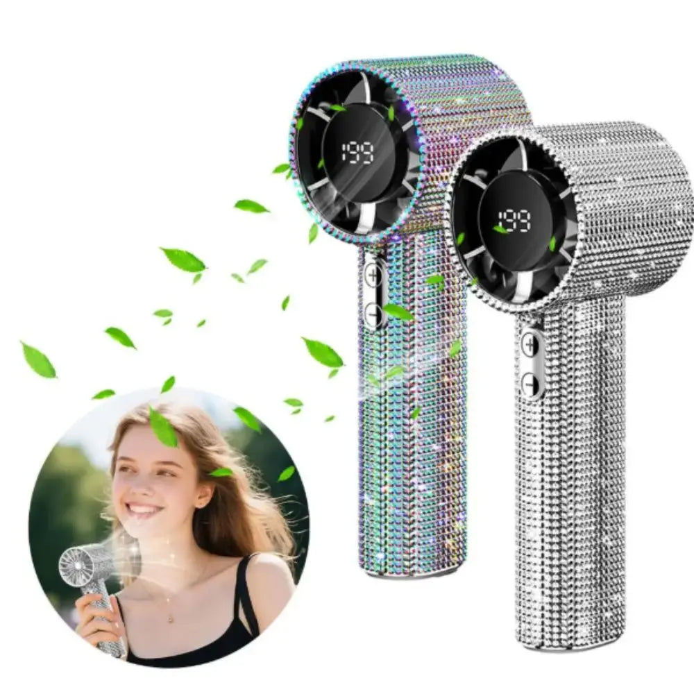 A sparkling diamond pattern portable fan with an LED glow is shown next to a woman.
