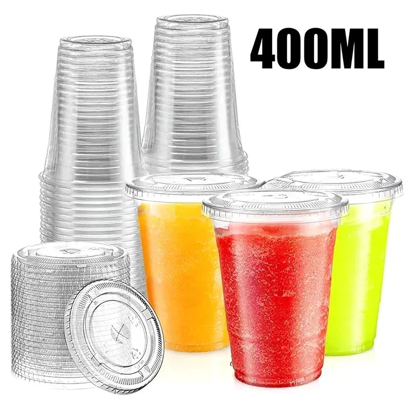 A stack of 400ml clear plastic cups with lids, including a single cup filled with red liquid.