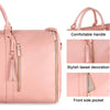 Pink foldable travel duffel bag featuring a comfortable handle, tassel decoration, and front side pocket.