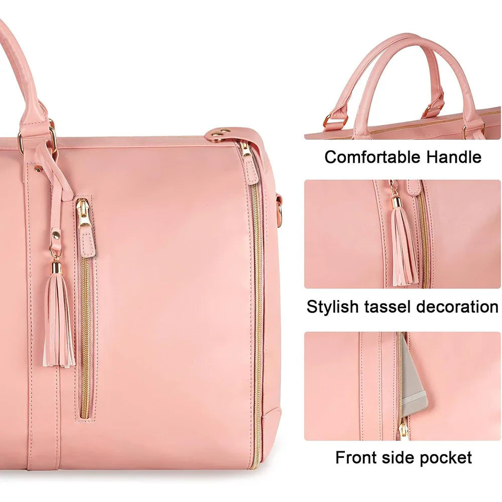 Pink foldable travel duffel bag featuring a comfortable handle, tassel decoration, and front side pocket.