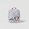 A purple and white patterned backpack featuring various Disney mouse characters.
