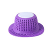Purple collapsible silicone drain hair catcher with a white top for bathtubs and sinks