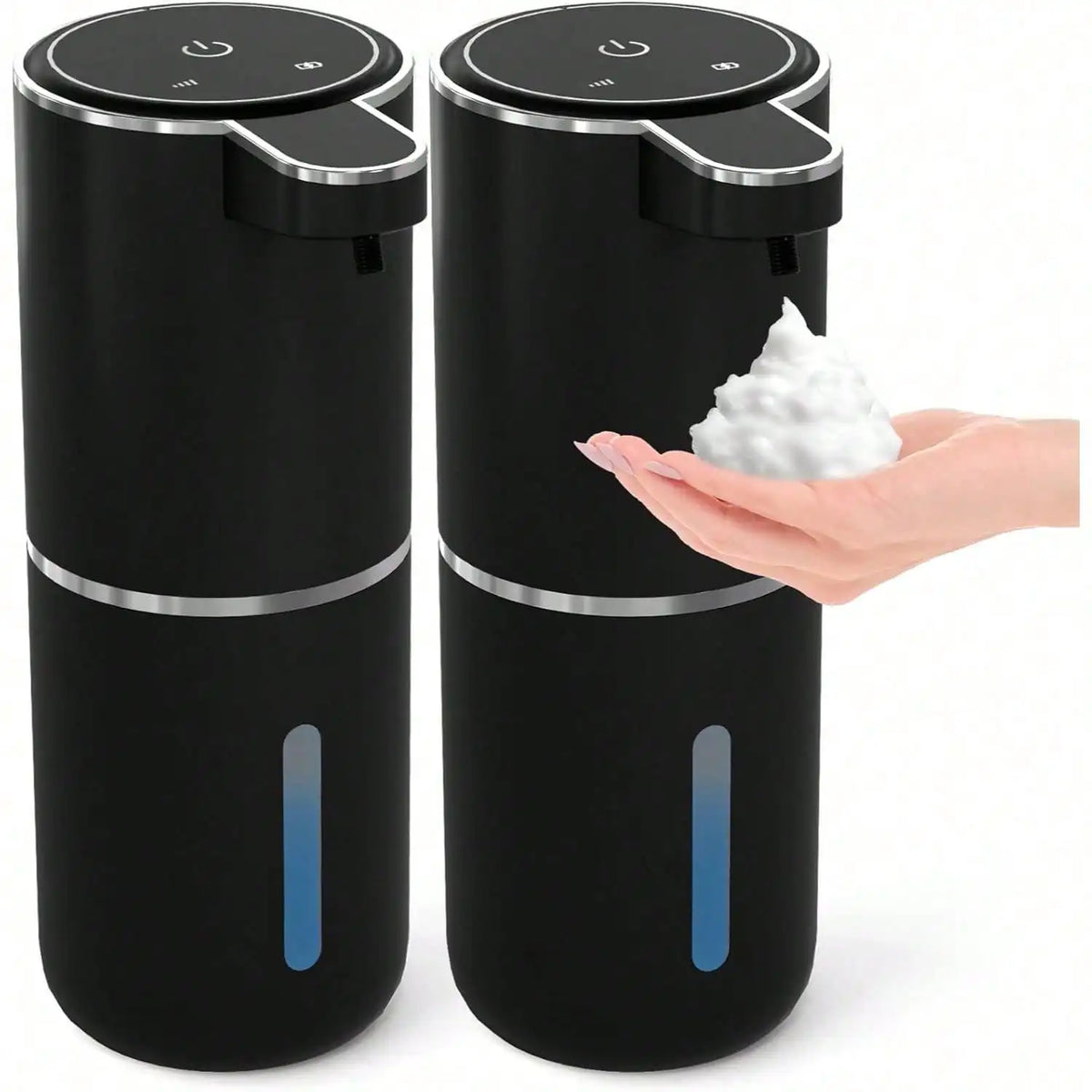 A black touchless automatic soap dispenser is shown with a hand dispensing white foam.