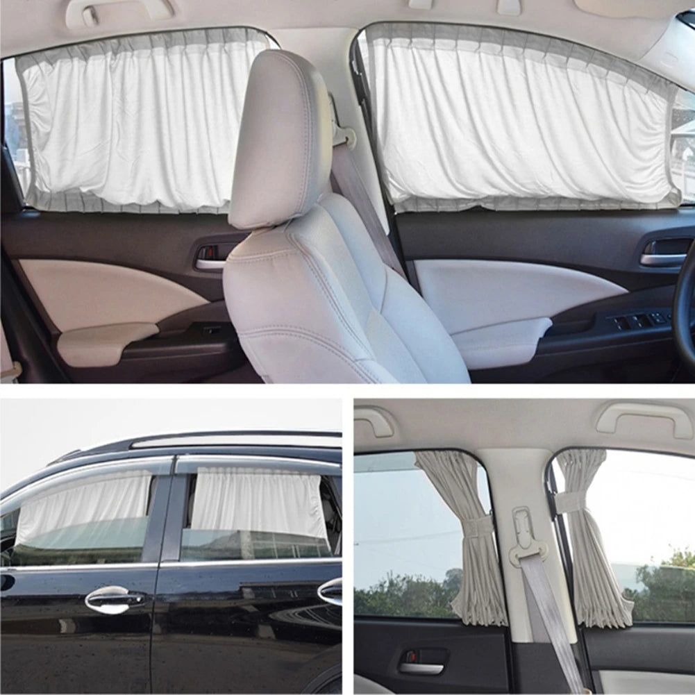 Interior view of a car showing a folded side window sun shade on the door and an exterior shot of the vehicle.