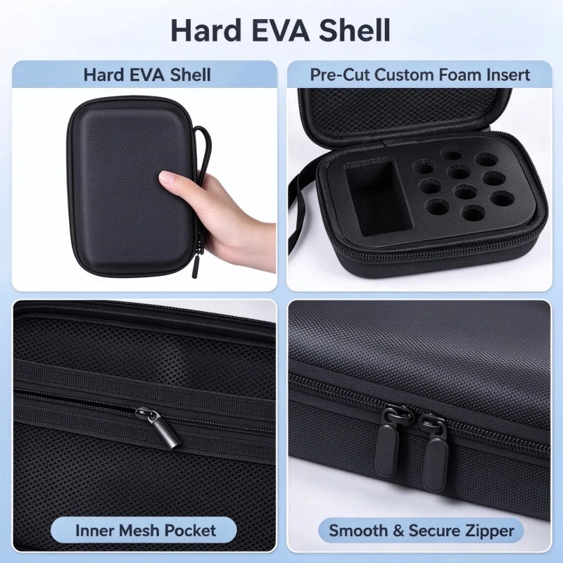 Black portable EVA hard case featuring a pre-cut foam insert, inner mesh pocket, and smooth zipper.