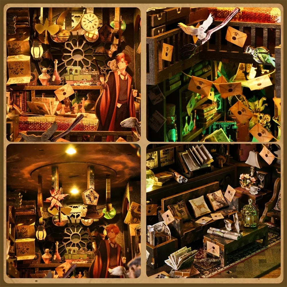 A collection of DIY book nook kits featuring wooden 3D puzzle bookshelves and decorative inserts.