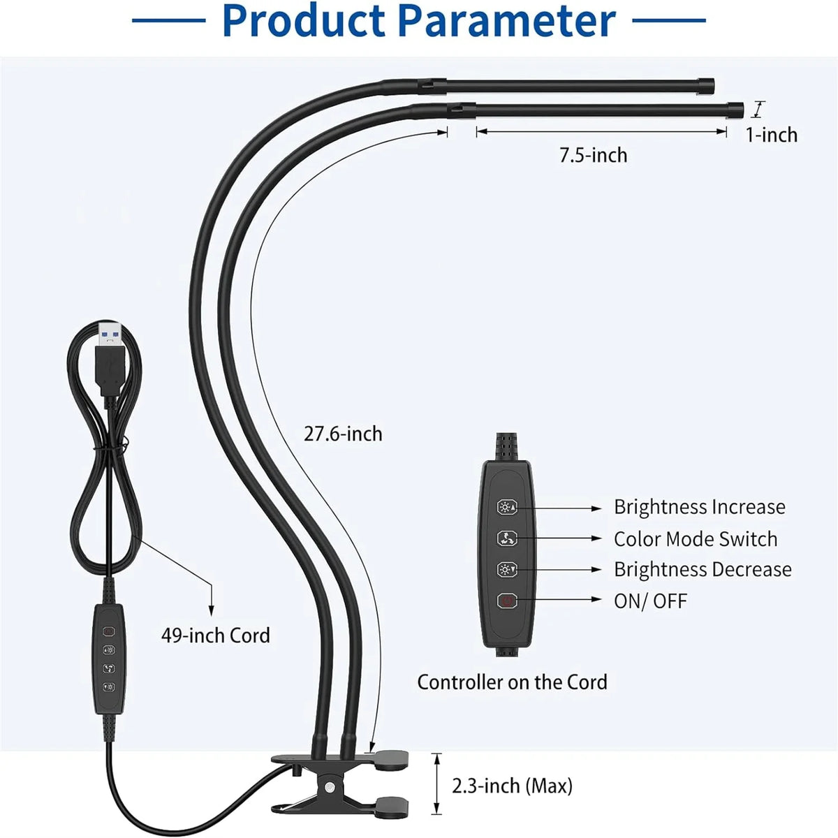 A black USB monitor light bar with a flexible arm, cord, and controller shown in an angled view.