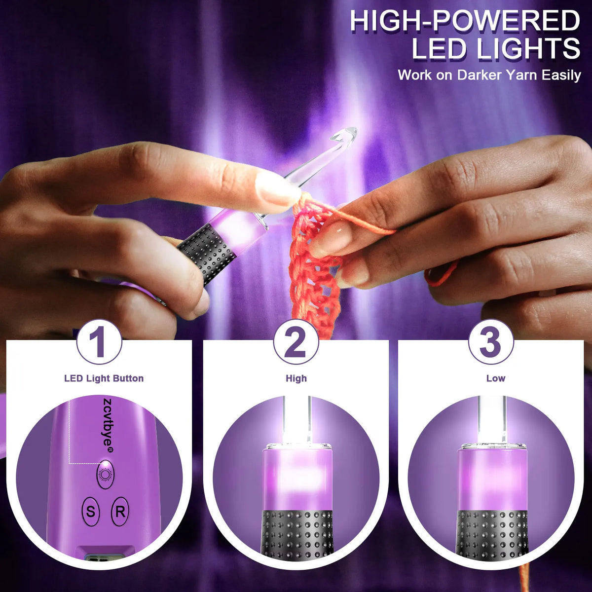 Hands are using a LED light to work on darker yarn, demonstrating the use of a high-powered LED light for crochet.