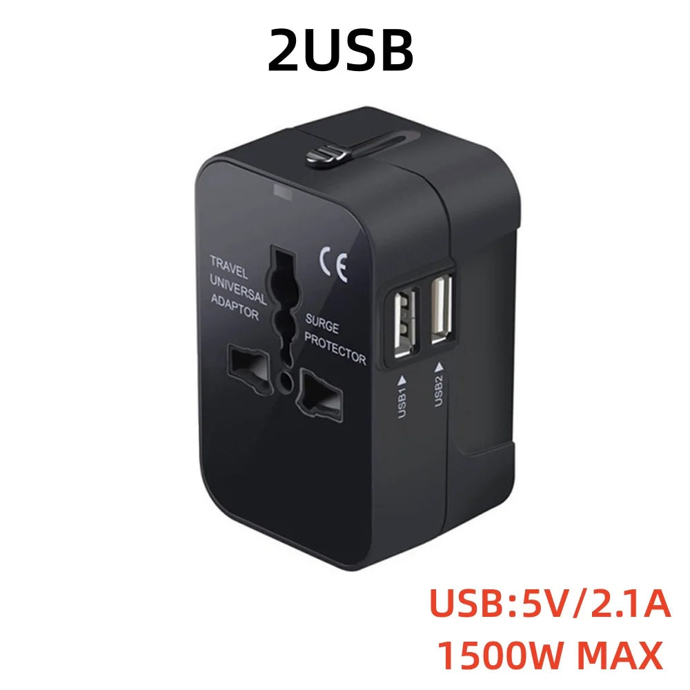 Schwarzer 2-USB-Universal-Reiseadapter mit Überspannungsschutz und USB-Ausgang