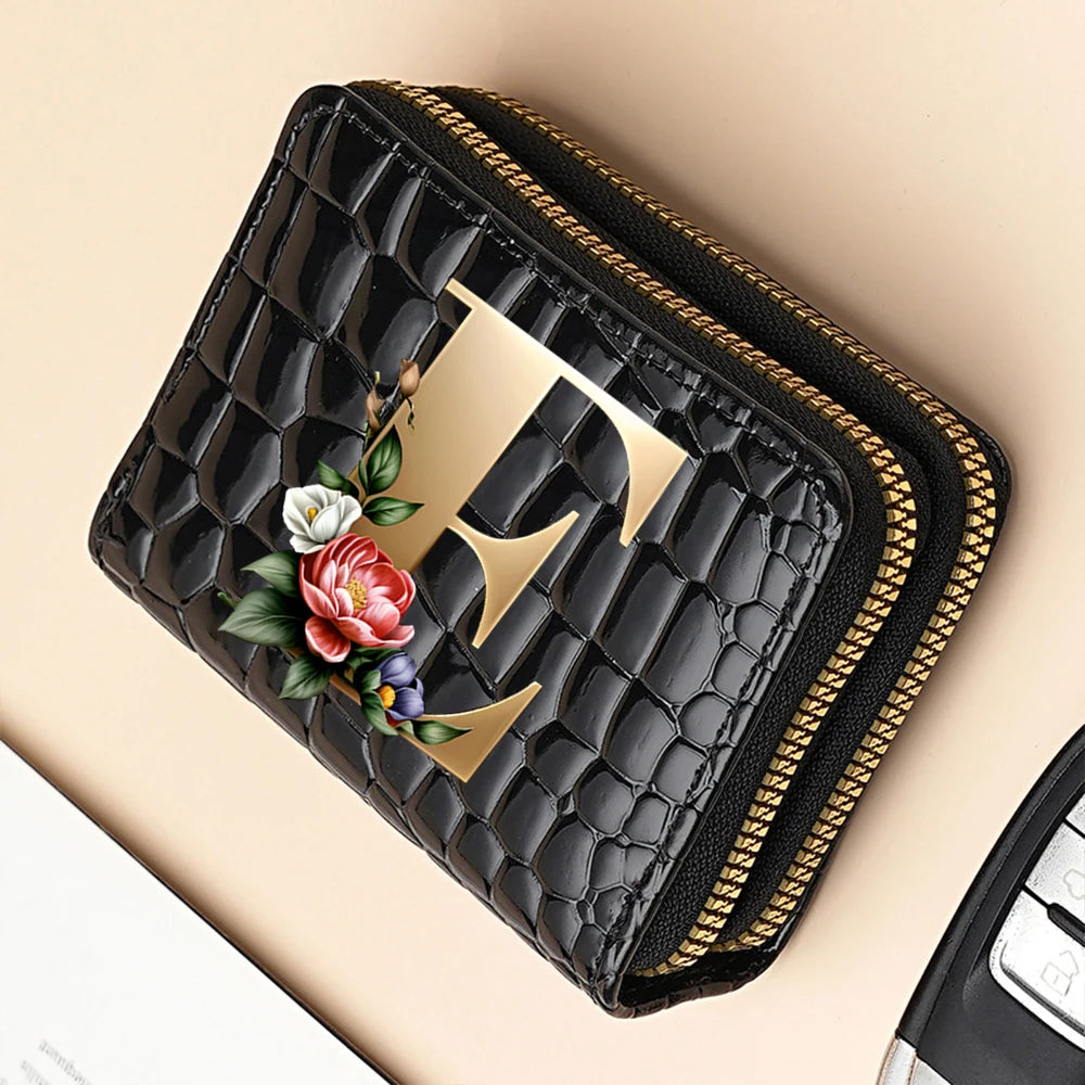 Alphabet Flower Double-Zip Card Wallet with Secure Clasp
