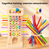 A wooden pick-up sticks training board with colored balls and a set of colorful sticks for cognitive training.