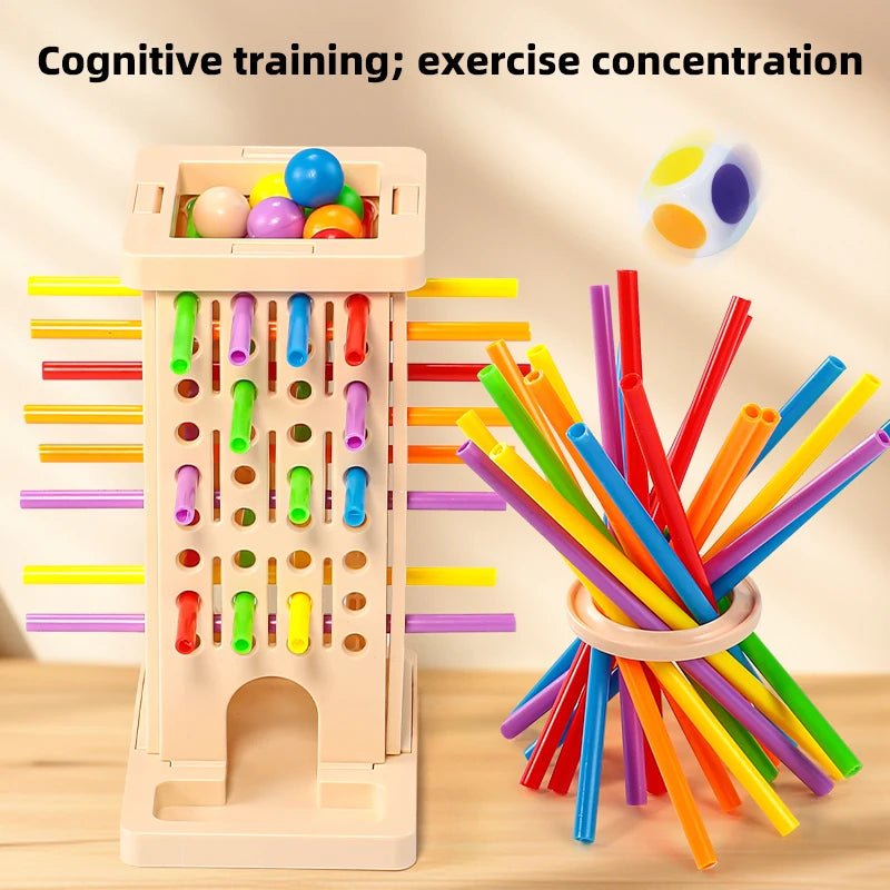 A wooden pick-up sticks training board with colored balls and a set of colorful sticks for cognitive training.
