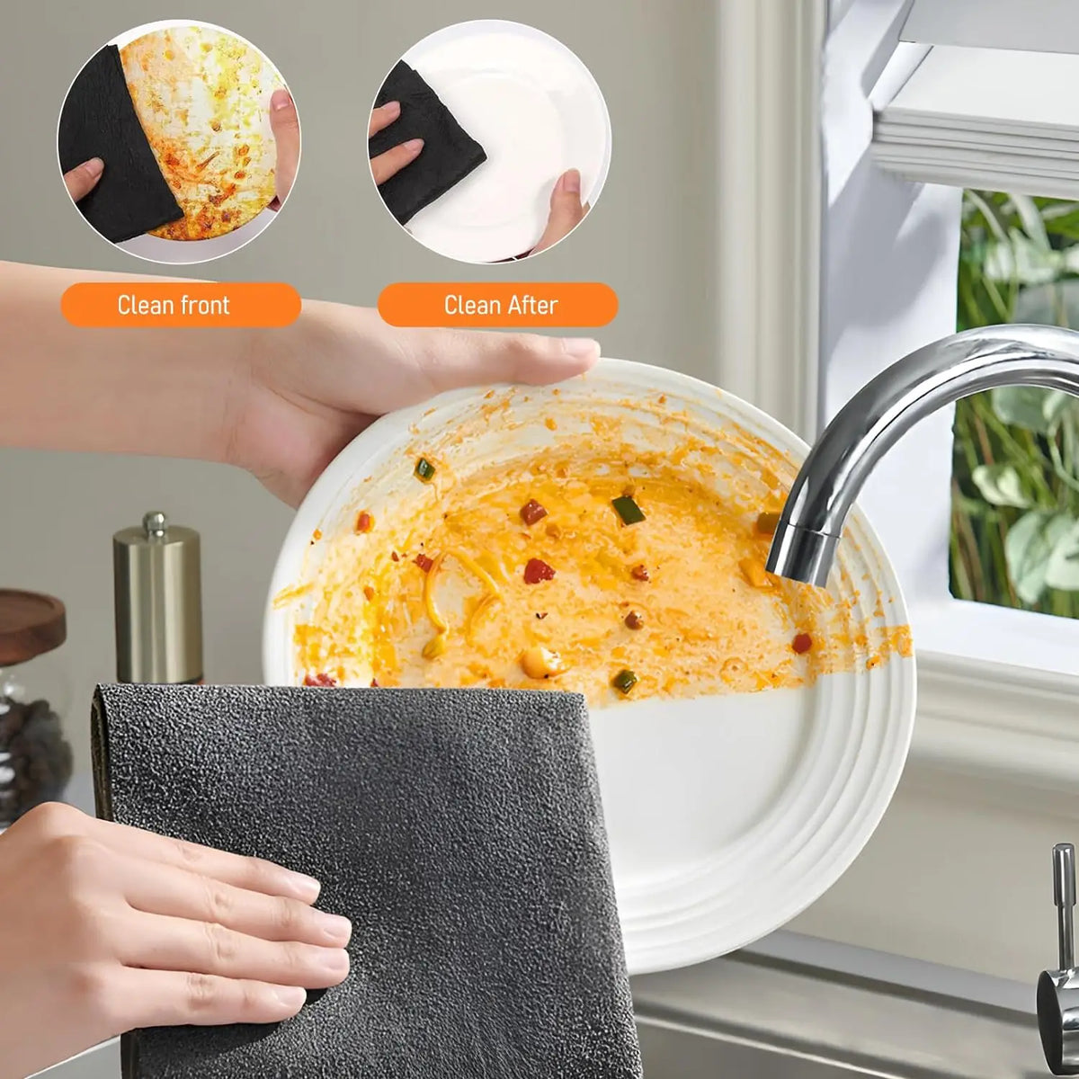 Hands demonstrate cleaning a glass dish with microfiber cloths, showing before and after results.