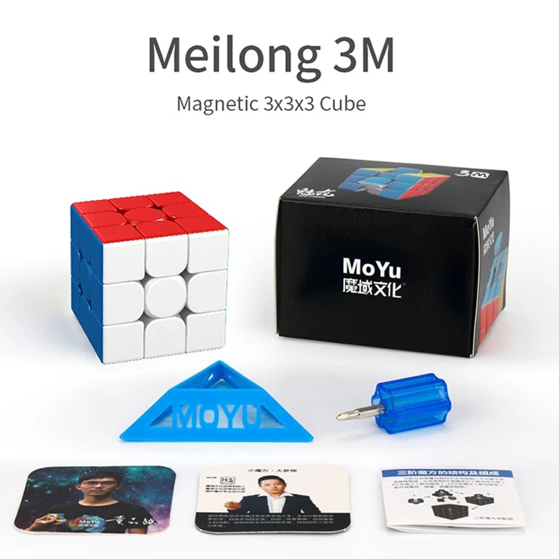 A set of MoYu Meilong 3M magnetic cube, including the cube, a blue tool, and instruction cards.