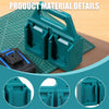 Close-up view of a teal portable battery organizer designed for Makita power tool batteries.