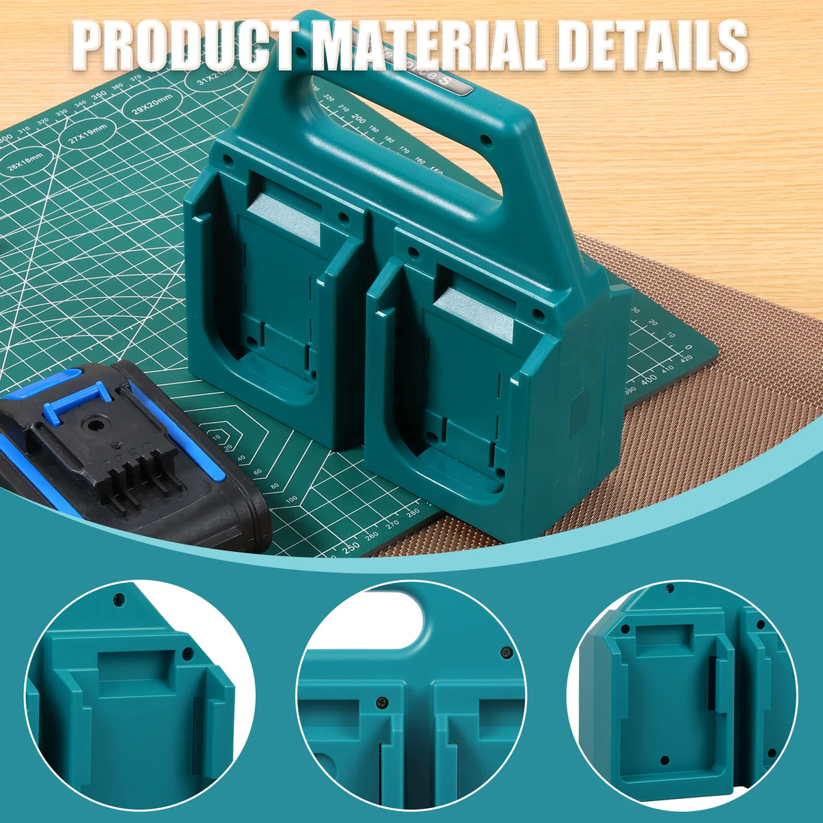 Close-up view of a teal portable battery organizer designed for Makita power tool batteries.