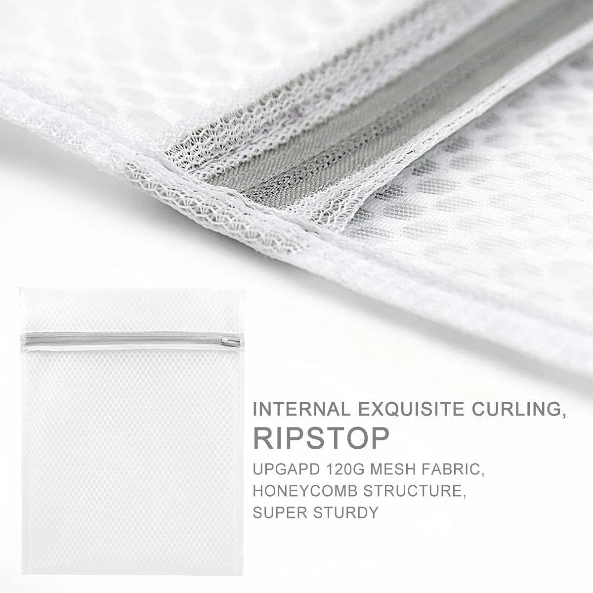 Close-up view of a white ripstop mesh laundry bag with exquisite curling texture.