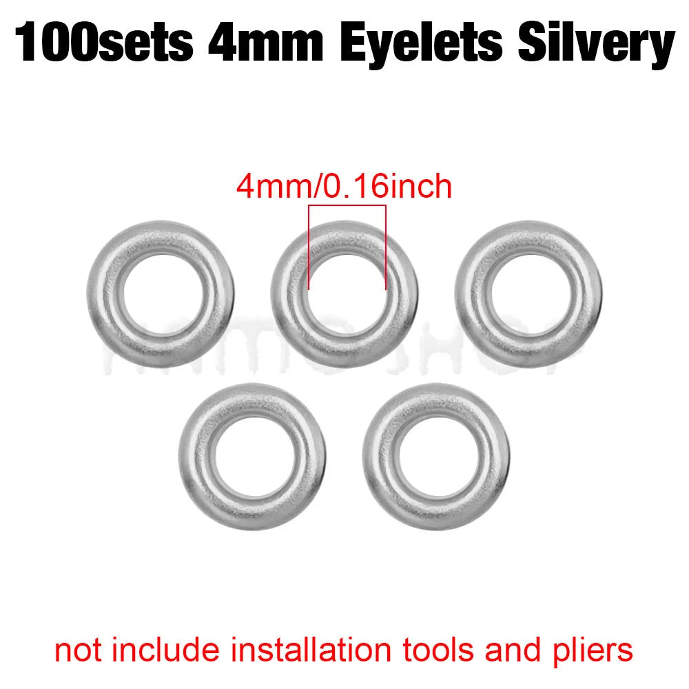 A set of 100 silver 4mm eyelets for crafting and projects.