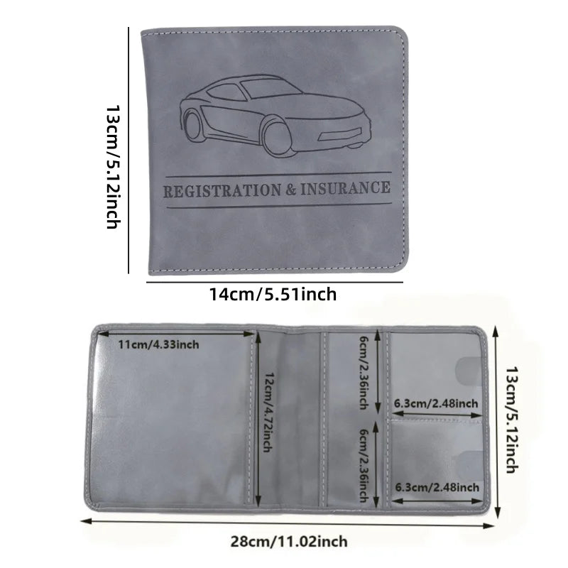 A gray slim card holder wallet designed for storing vehicle registration, license, and insurance cards.