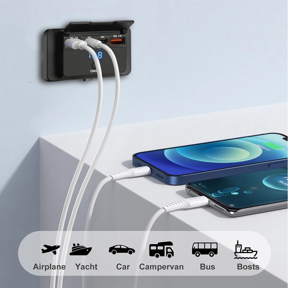 96W 4-Port USB Car Charger with Dual PD & Dual QC 3.0