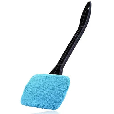 A blue microfiber pad attached to a black cleaning brush for car windshields.