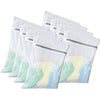 A stack of clear mesh laundry bags with zippers in white, light green, and pale yellow colors.