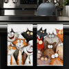 A set of two cartoon cat kitchen towels featuring various feline characters in watercolor style.