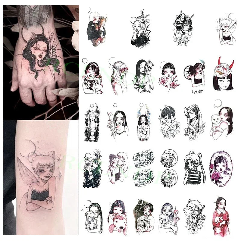 Colección de pegatinas temporales con diseños de luna, estrella, diablo y flor en la piel.