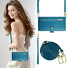 A teal crossbody phone wallet with a zipper closure is shown being worn by a woman.
