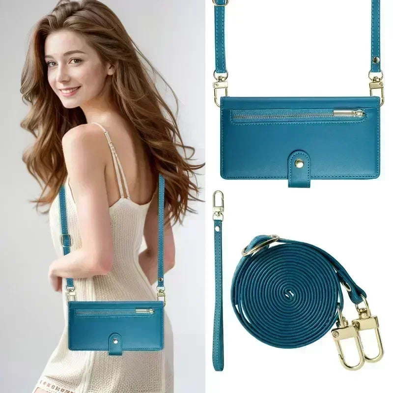 A teal crossbody phone wallet with a zipper closure is shown being worn by a woman.