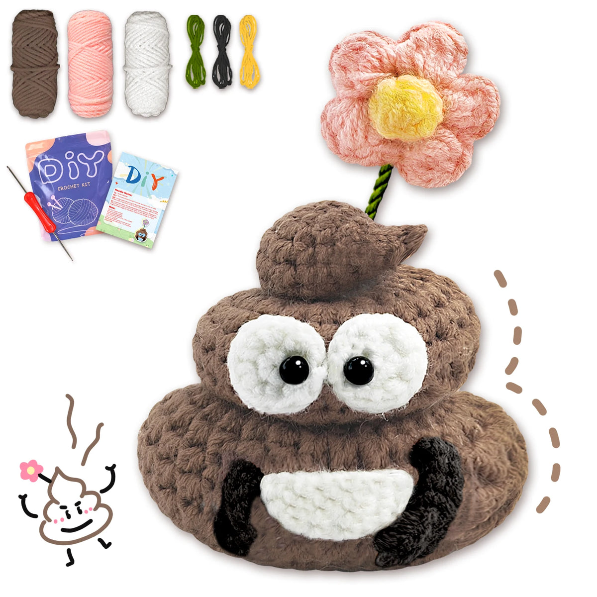 A beginner crochet kit featuring yarn, needles, and patterns for making a cute animal amigurumi.