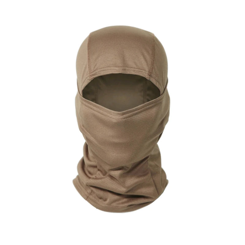 A tan stretchy breathable balaclava cap shown from the front.