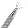 A silver precision 4-claw pick-up tool with a long shaft and four fine prongs for jewelry making.