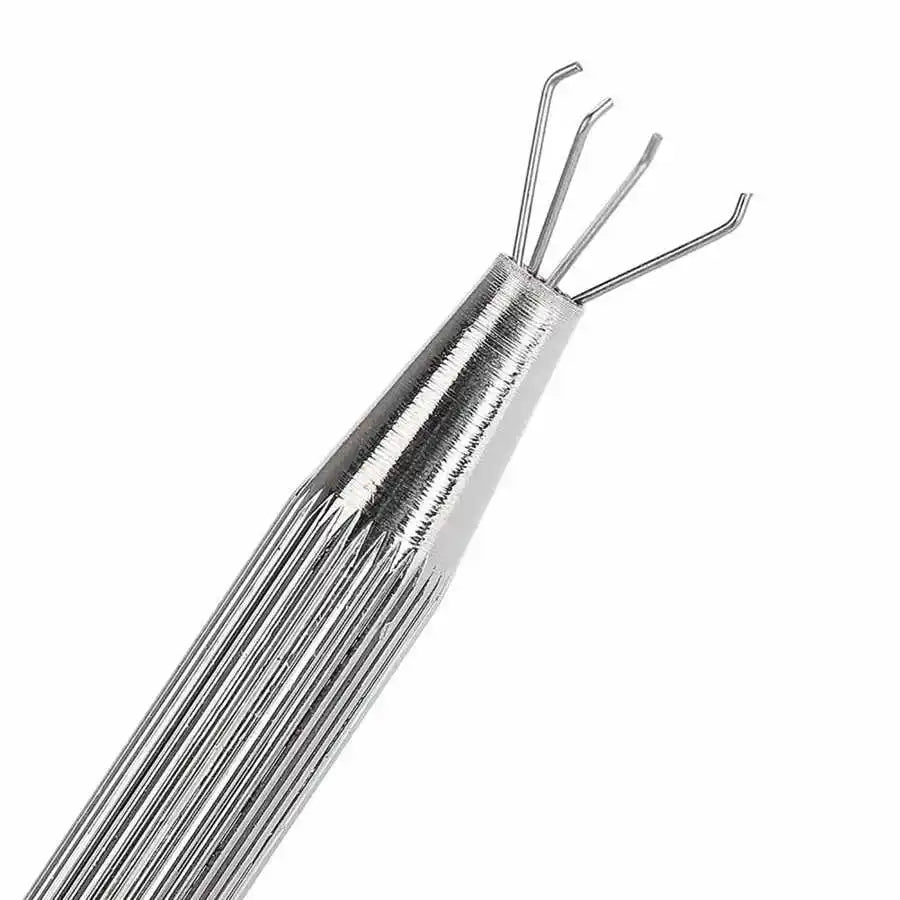 A silver precision 4-claw pick-up tool with a long shaft and four fine prongs for jewelry making.