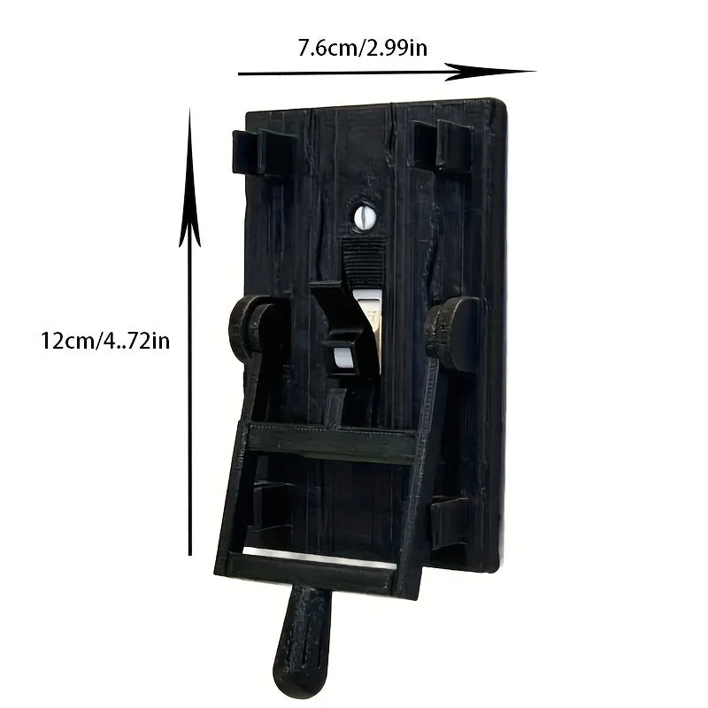 Black decorative light switch cover with a flip handle and mounting bracket.