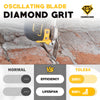 A close-up of an oscillating blade diamond grit tool being used to clean grout on a brick surface.