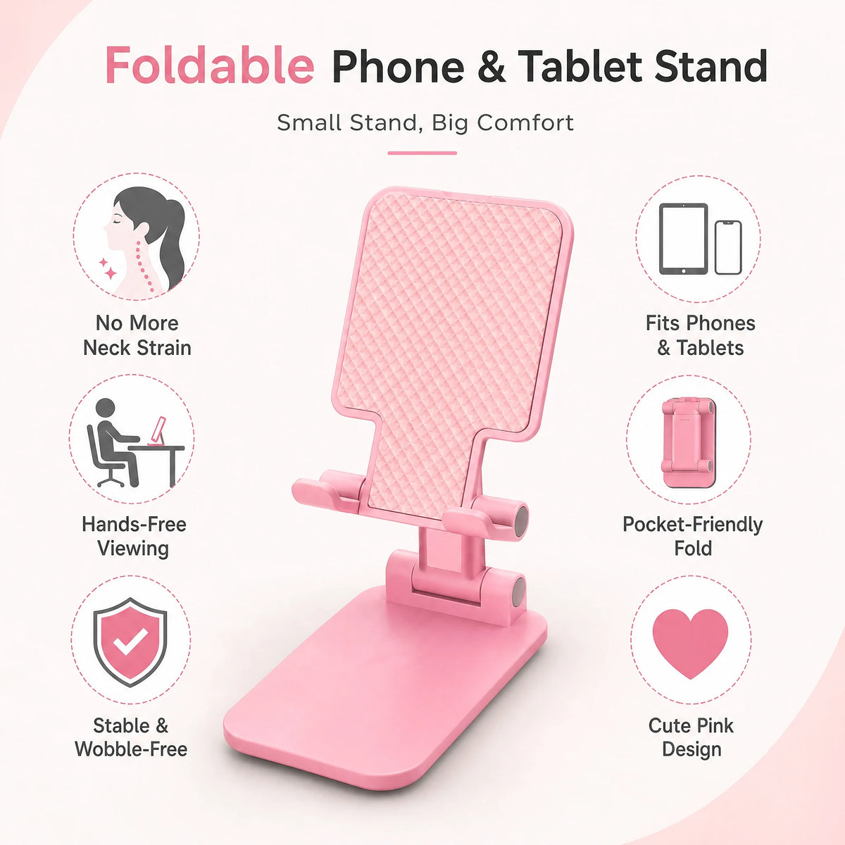 Pink Foldable Phone & Tablet Stand with Adjustable Viewing Angle