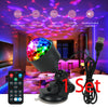 An RGB LED disco ball light set with a remote control and power cord displayed in a dimly lit room.