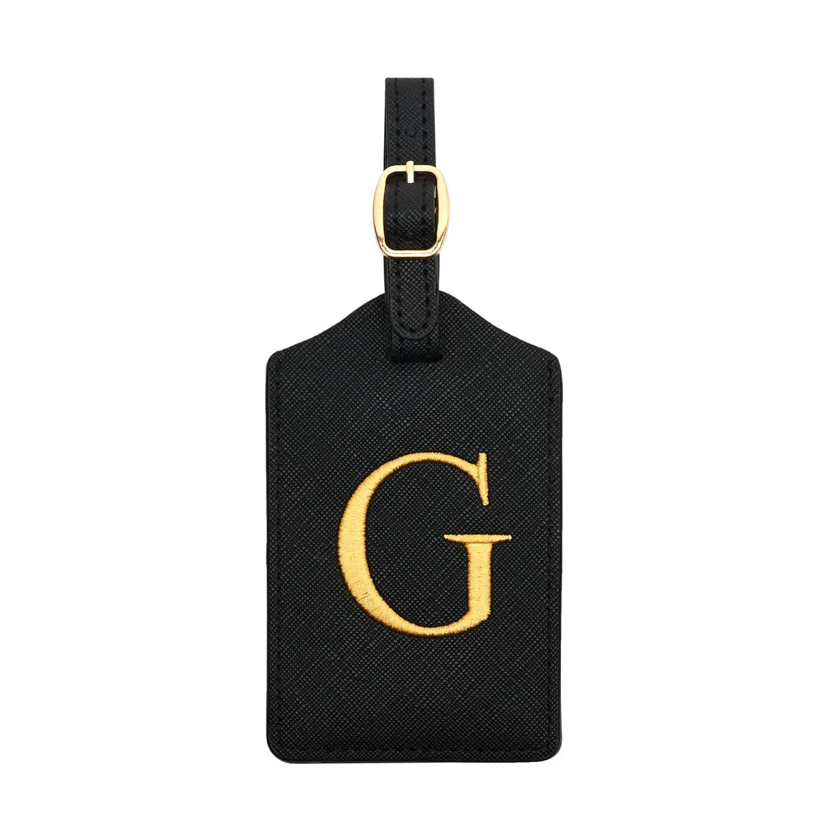 Black PU leather luggage tag with a gold initial G and a silver-toned loop.
