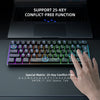 Nahaufnahme einer RGB-Gaming-Tastatur mit spezieller Matrix für 25-Tasten-Konfliktfreiheit und farbigem Beleuchtung