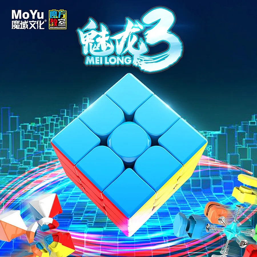 A blue MoYu MeiLong 3x3 cube is shown with colorful light effects and surrounding digital graphics.