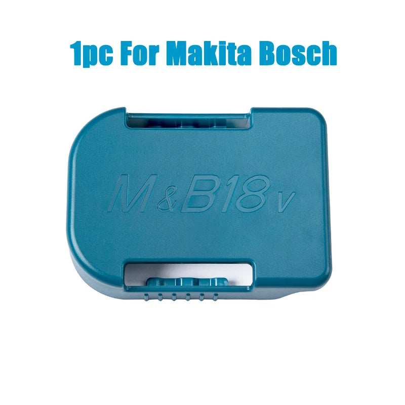 A teal battery holder labeled M&B18v for Makita and Bosch 18V power tools.