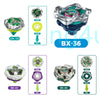 A set of metal gyro spinning tops including models UX-10, BX-36, BX-43, and BX-44 with corresponding launchers.