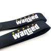 Black nylon keychain with white text and yellow stars embroidered on it