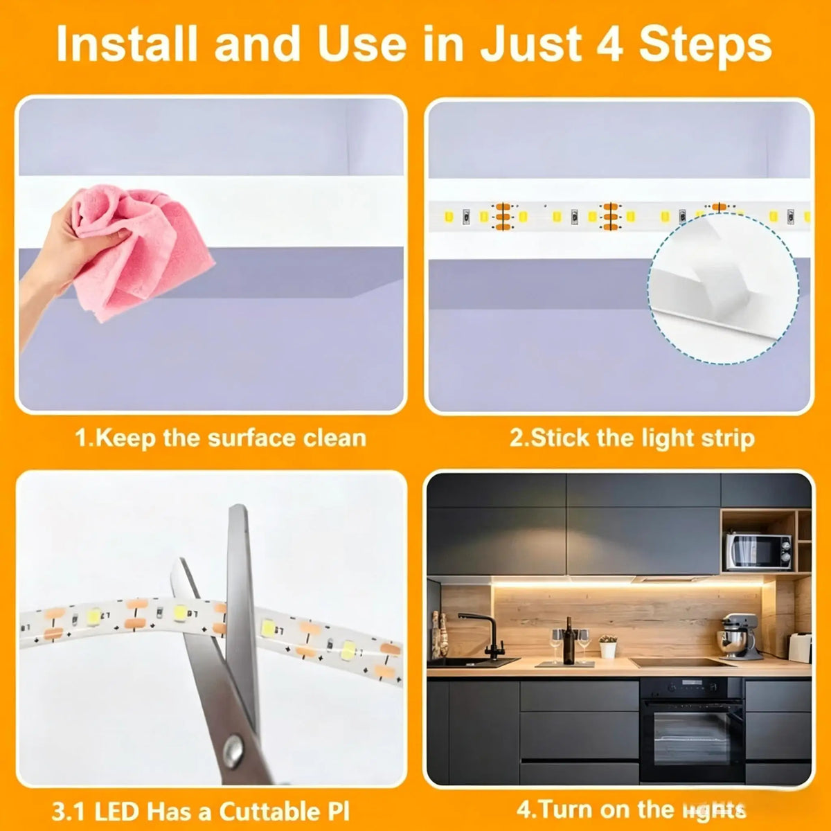 Instructions showing how to install and use a dual-color USB LED light strip in four steps.